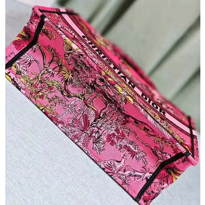 Dior Women CD Medium Book Tote Fuchsia Multicolor Toile De Jouy Voyage Embroidery