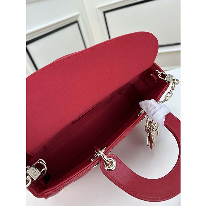 Dior Women CD Medium D-Joy Bag Scarlet Red Cannage Lambskin
