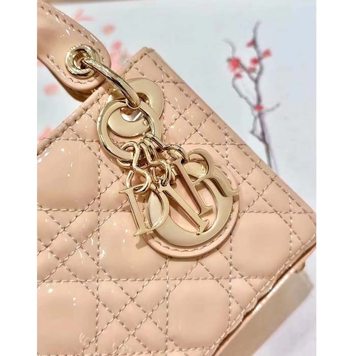 Dior Women CD Mini Lady Dior Bag Aesthetic Beige Patent Cannage Lambskin