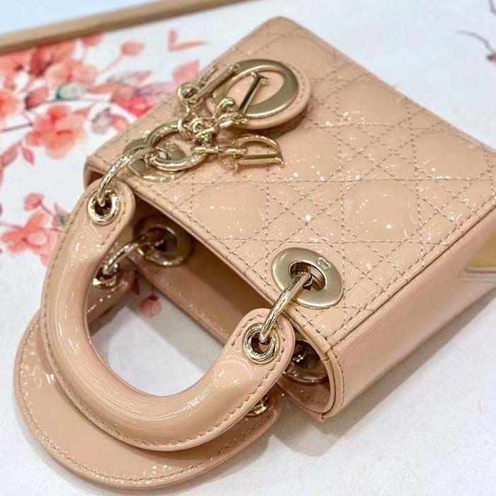 Dior Women CD Mini Lady Dior Bag Aesthetic Beige Patent Cannage Lambskin