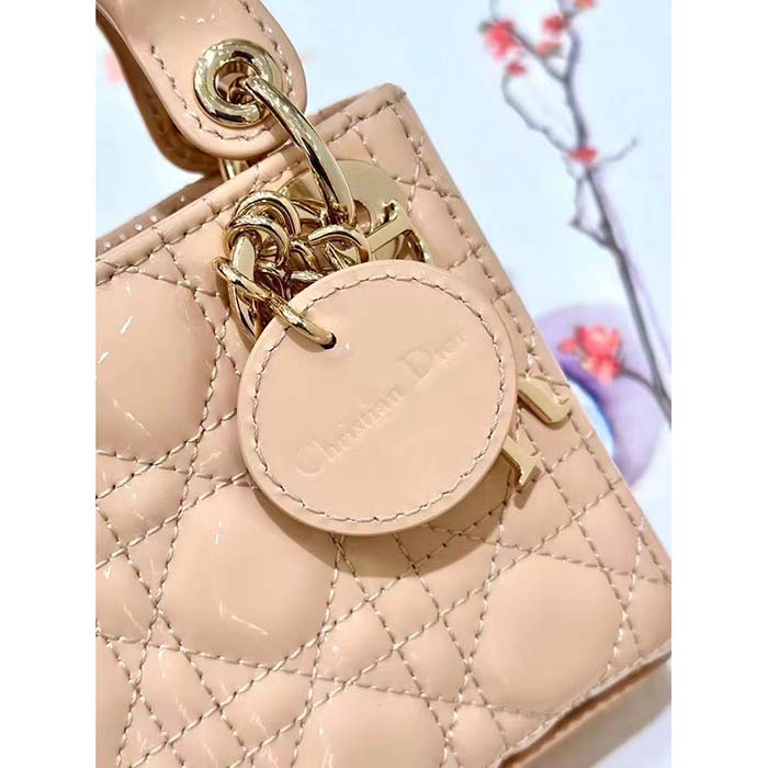 Dior Women CD Mini Lady Dior Bag Aesthetic Beige Patent Cannage Lambskin