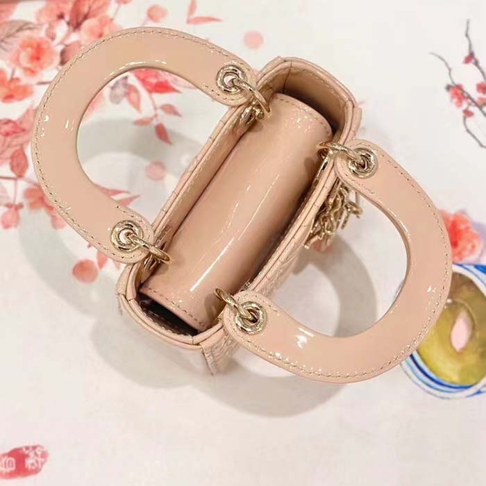 Dior Women CD Mini Lady Dior Bag Aesthetic Beige Patent Cannage Lambskin