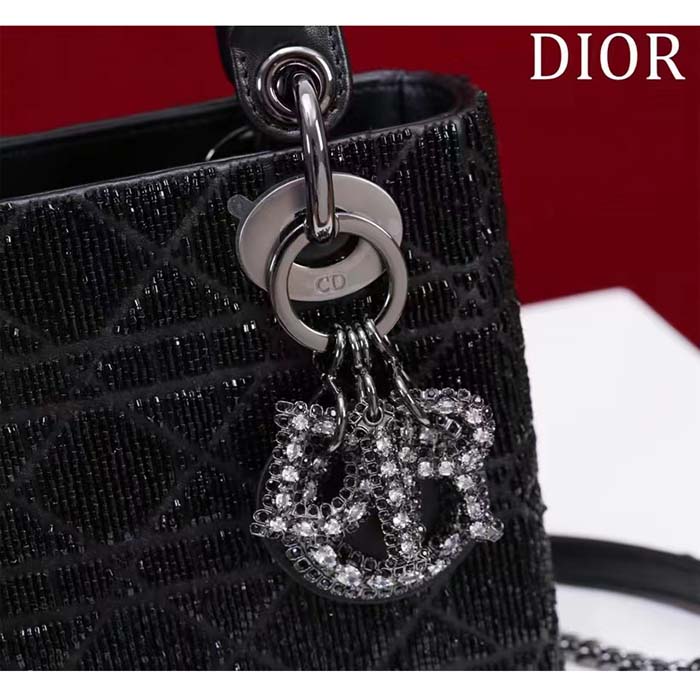 Dior Women CD Mini Lady Dior Bag Black Cannage Cotton Embroidered Micropearls