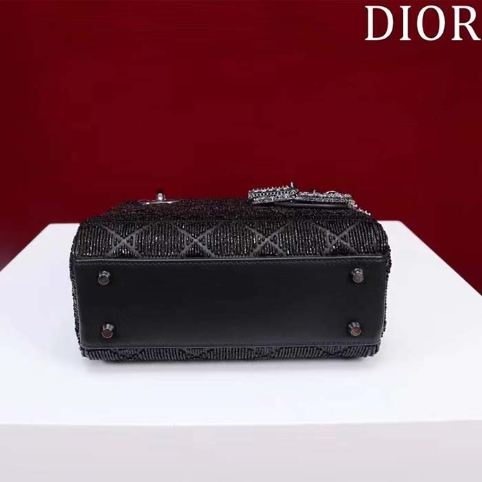 Dior Women CD Mini Lady Dior Bag Black Cannage Cotton Embroidered Micropearls