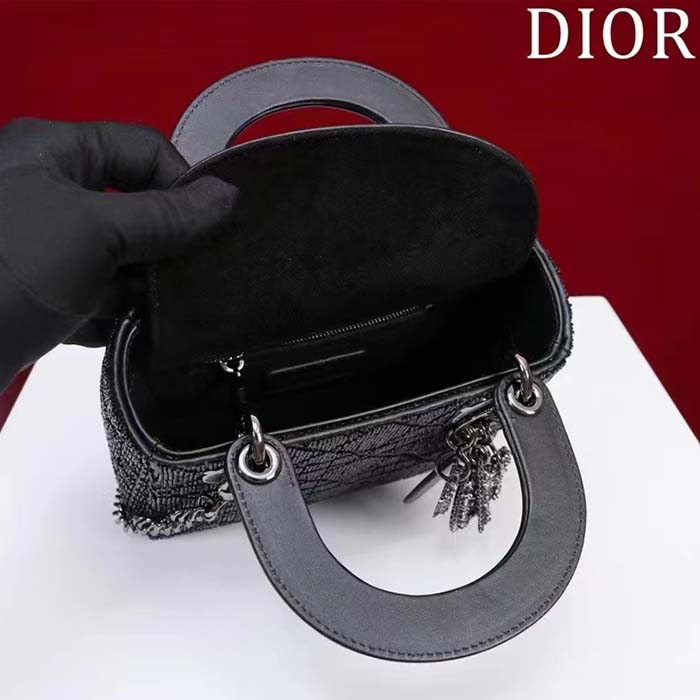 Dior Women CD Mini Lady Dior Bag Black Cannage Cotton Embroidered Micropearls