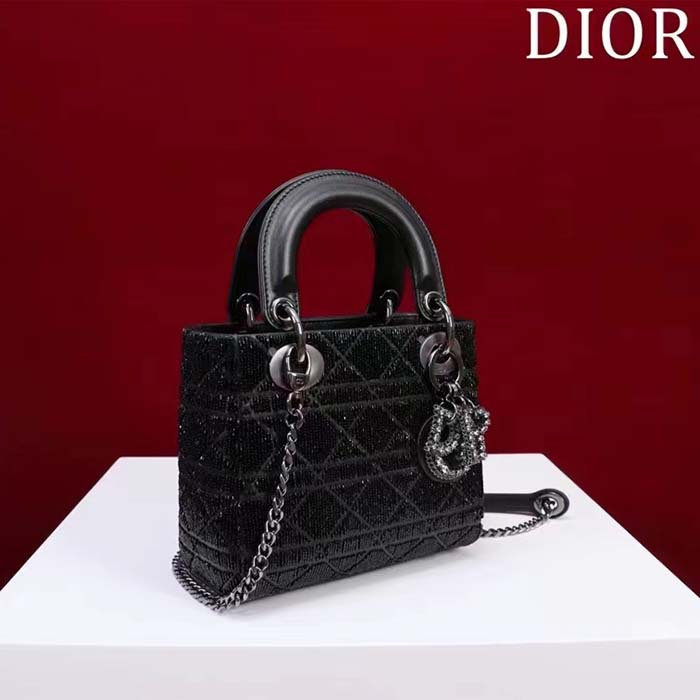 Dior Women CD Mini Lady Dior Bag Black Cannage Cotton Embroidered Micropearls