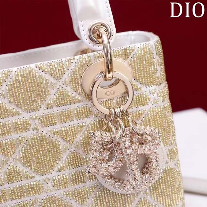 Dior Women CD Mini Lady Dior Bag Caramel Beige Cannage Cotton Embroidered Micropearls