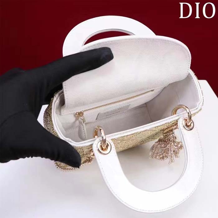 Dior Women CD Mini Lady Dior Bag Caramel Beige Cannage Cotton Embroidered Micropearls