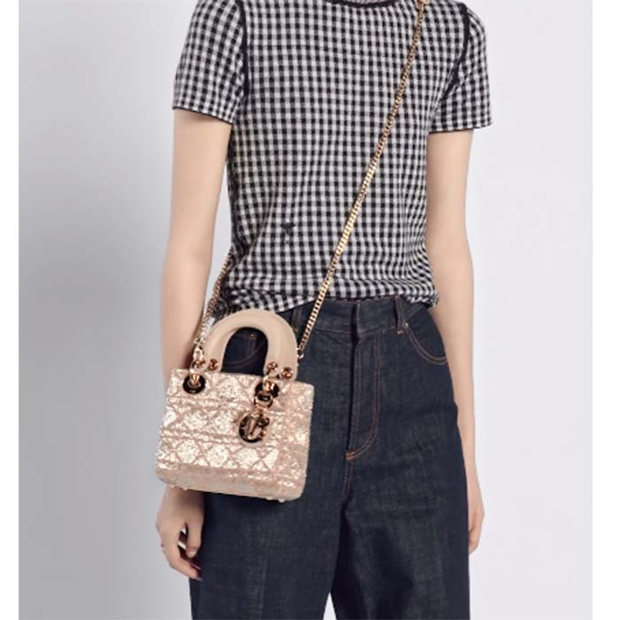 Dior Women CD Mini Lady Dior Bag Caramel Beige Cannage Cotton Embroidered Micropearls