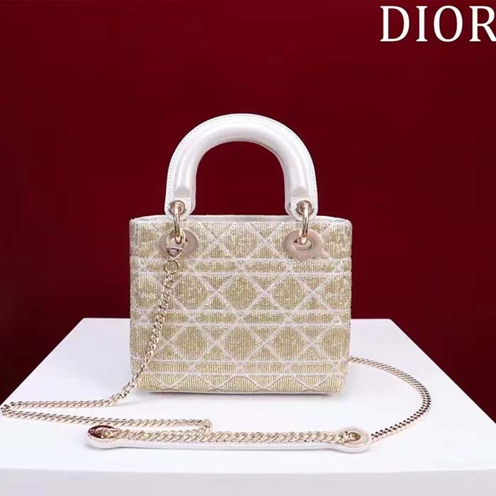 Dior Women CD Mini Lady Dior Bag Caramel Beige Cannage Cotton Embroidered Micropearls