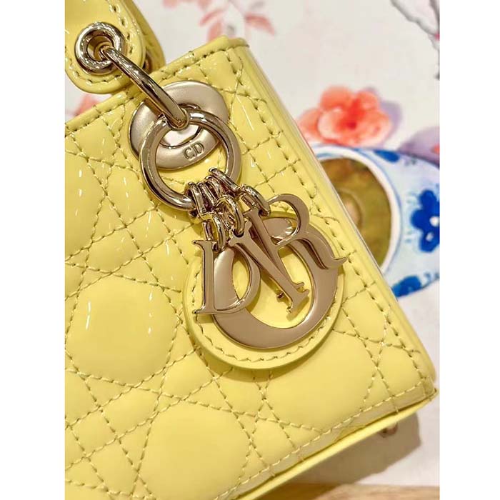 Dior Women CD Mini Lady Dior Bag Yellow Patent Cannage Lambskin