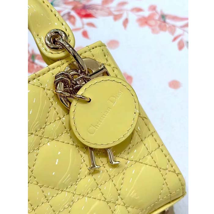 Dior Women CD Mini Lady Dior Bag Yellow Patent Cannage Lambskin