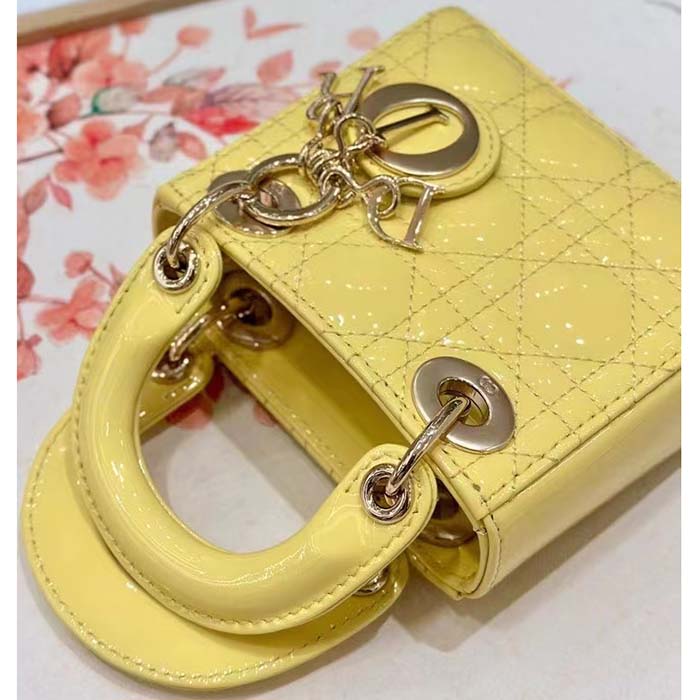 Dior Women CD Mini Lady Dior Bag Yellow Patent Cannage Lambskin