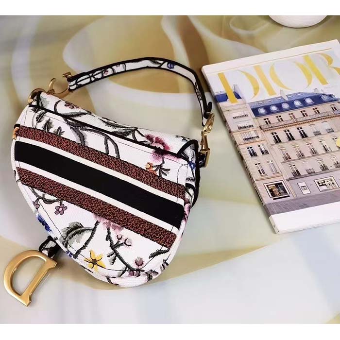 Dior Women CD Saddle Bag White Multicolor Dior Petites Fleurs Embroidery