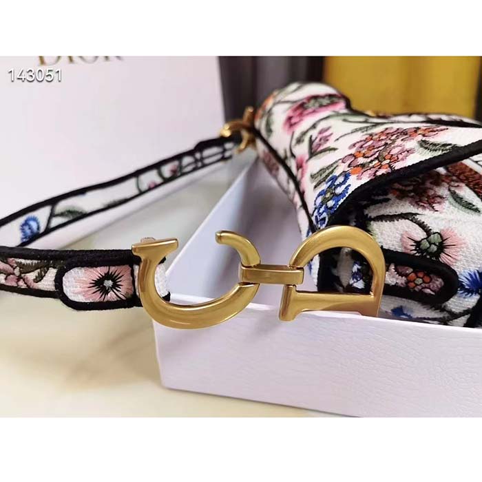 Dior Women CD Saddle Bag White Multicolor Dior Petites Fleurs Embroidery