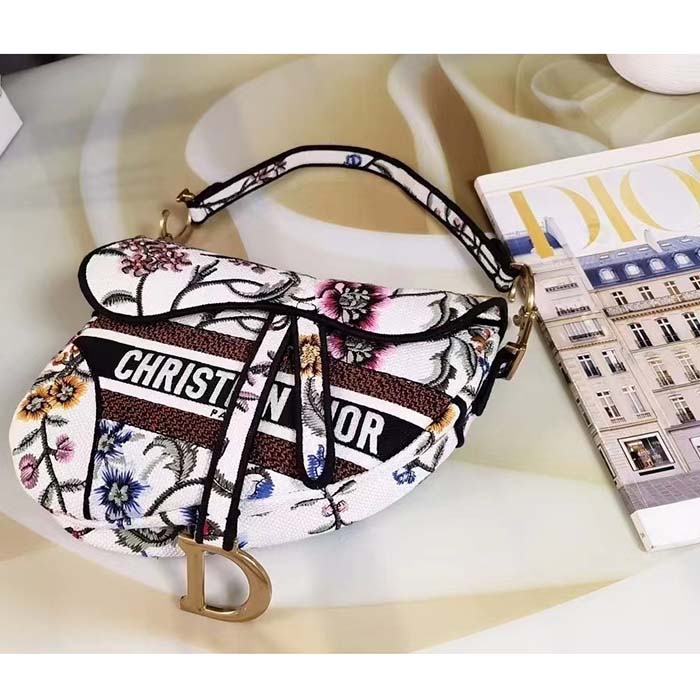 Dior Women CD Saddle Bag White Multicolor Dior Petites Fleurs Embroidery