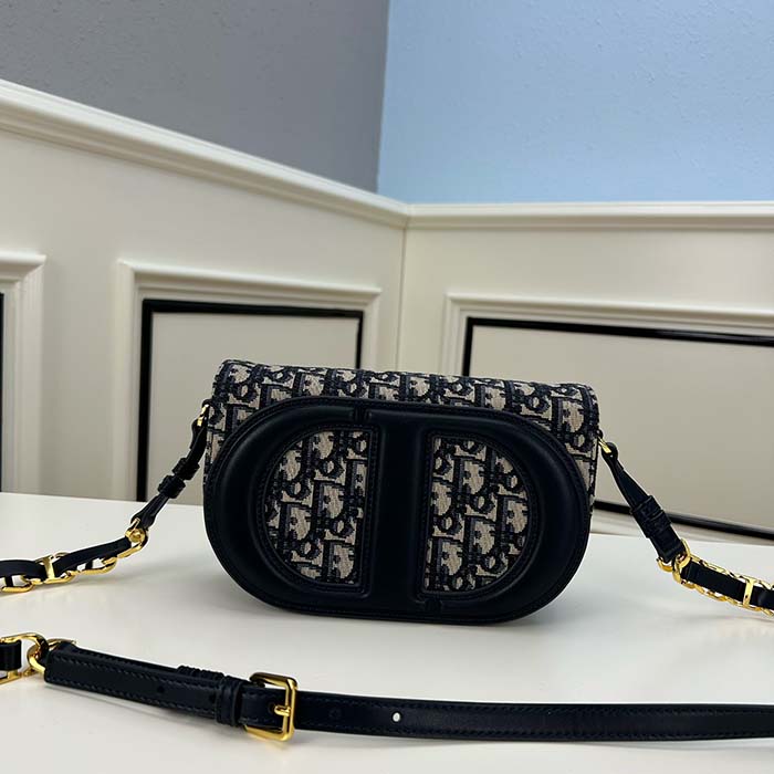 Dior Women CD Signature Bag Strap Blue Dior Oblique Jacquard Flap Closure