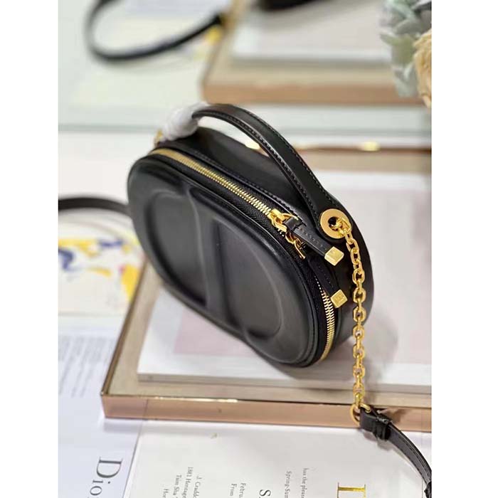 Dior Women CD Signature Oval Camera Bag Black Calfskin Embossed CD Signature