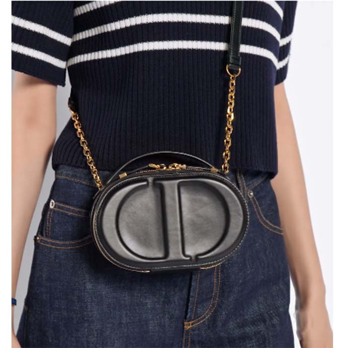 Dior Women CD Signature Oval Camera Bag Black Calfskin Embossed CD Signature