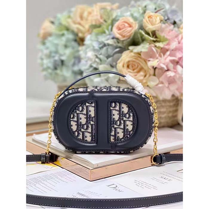 Dior Women CD Signature Oval Camera Bag Blue Navy Dior Oblique Jacquard
