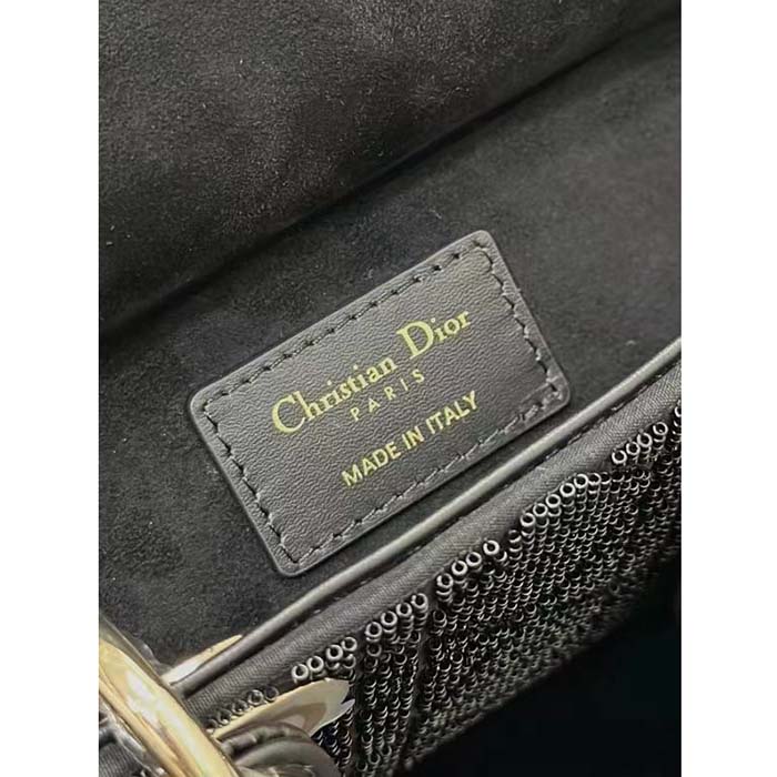 Dior Women CD Small Lady D-Joy Bag Black Cannage Cotton Micropearl Embroidery