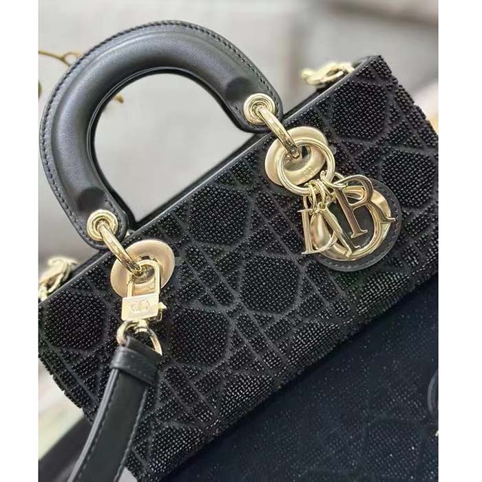 Dior Women CD Small Lady D-Joy Bag Black Cannage Cotton Micropearl Embroidery