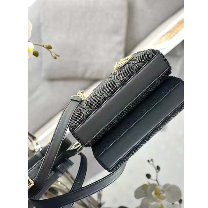 Dior Women CD Small Lady D-Joy Bag Black Cannage Cotton Micropearl Embroidery
