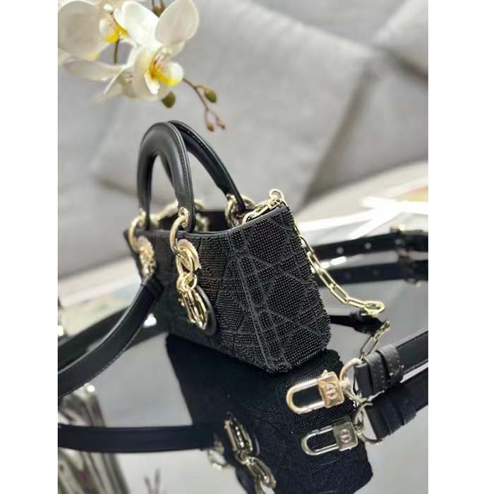Dior Women CD Small Lady D-Joy Bag Black Cannage Cotton Micropearl Embroidery