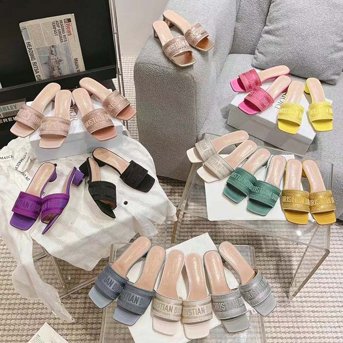 Dior Women Shoes Dway Heeled Slide Purple Embroidered Satin Cotton