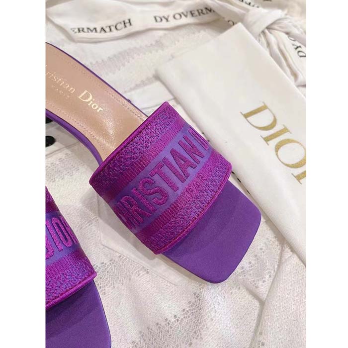 Dior Women Shoes Dway Heeled Slide Purple Embroidered Satin Cotton
