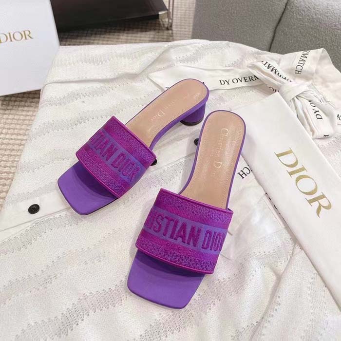 Dior Women Shoes Dway Heeled Slide Purple Embroidered Satin Cotton