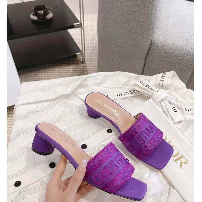 Dior Women Shoes Dway Heeled Slide Purple Embroidered Satin Cotton