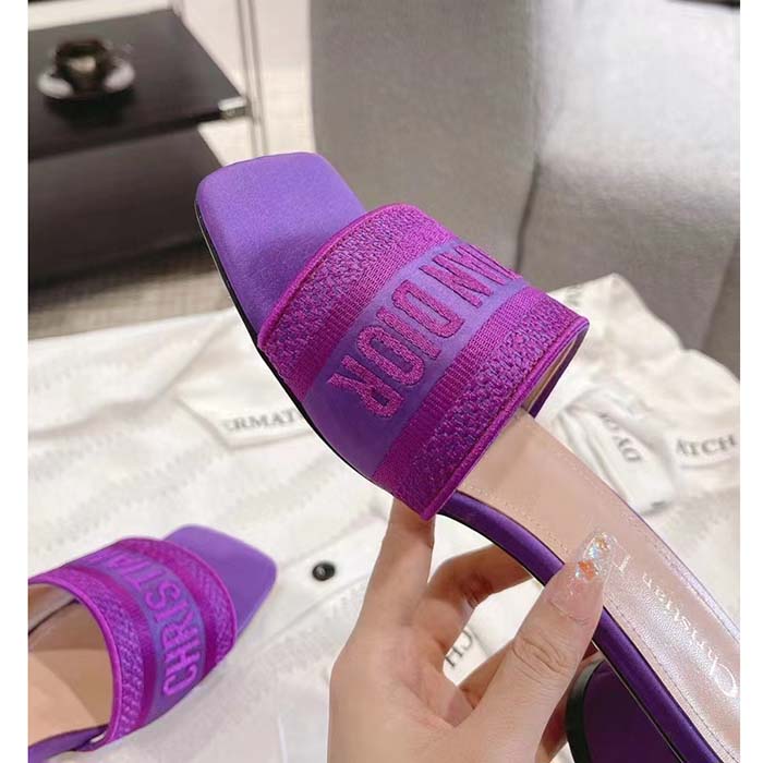 Dior Women Shoes Dway Heeled Slide Purple Embroidered Satin Cotton