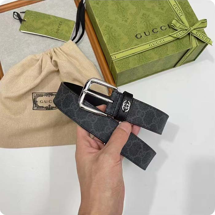 Gucci GG Unisex Belt Interlockig G Black GG Supreme Canvas Leather Square Buckle