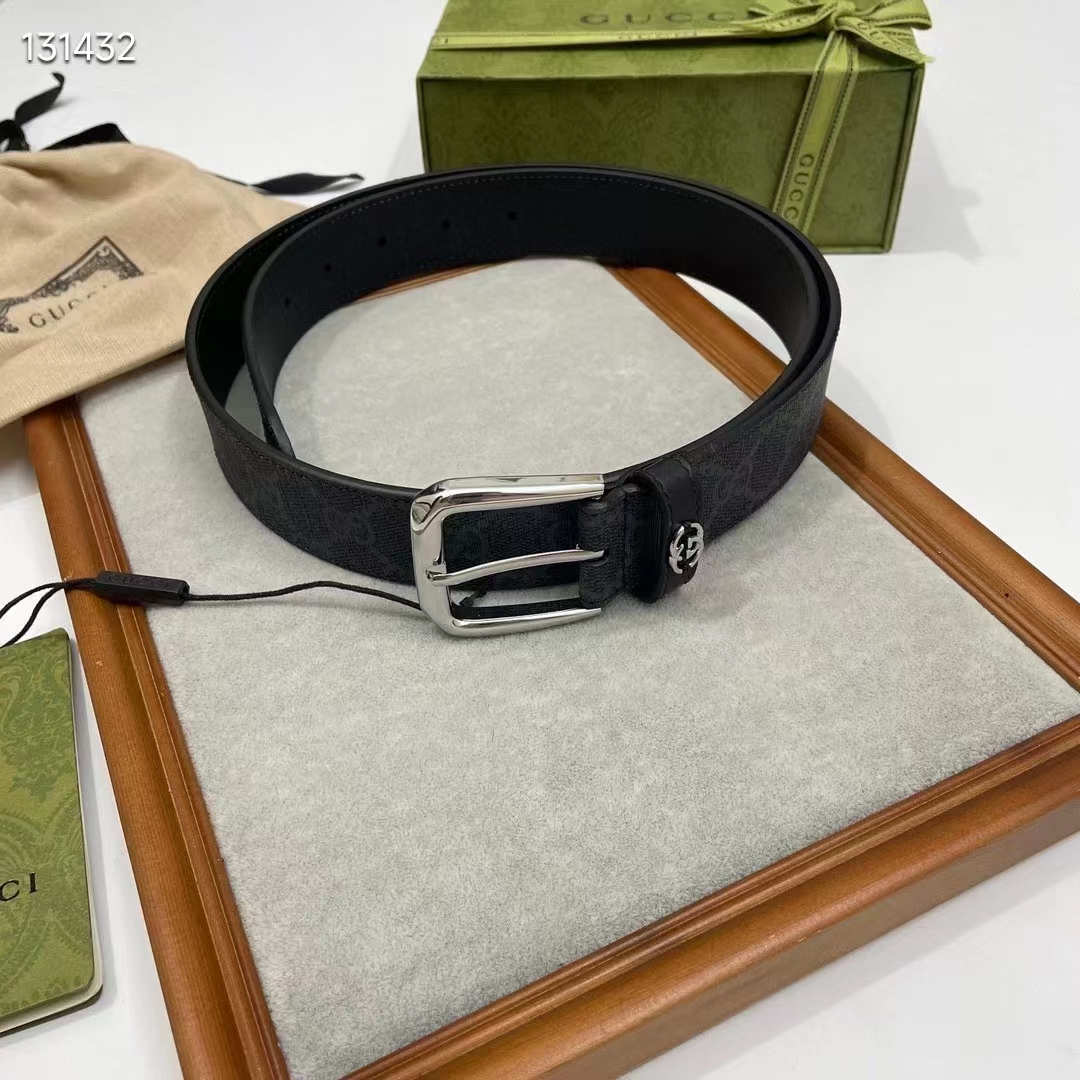 Gucci GG Unisex Belt Interlockig G Black GG Supreme Canvas Leather Square Buckle