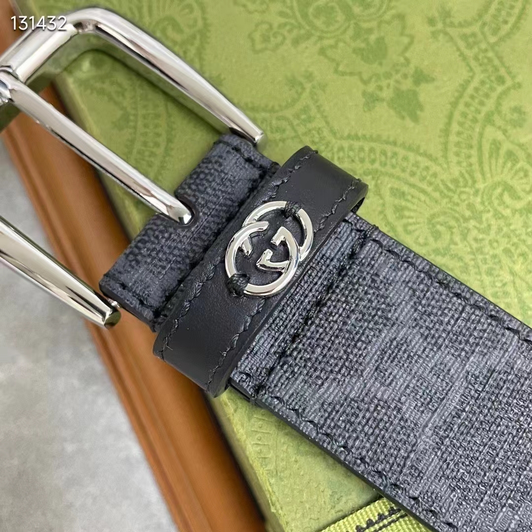 Gucci GG Unisex Belt Interlockig G Black GG Supreme Canvas Leather Square Buckle
