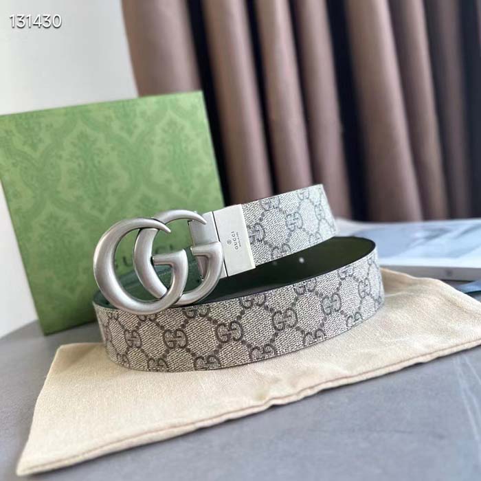 Gucci GG Unisex Marmont Reversible Belt Beige Ebony Supreme Canvas 3.8 CM Width