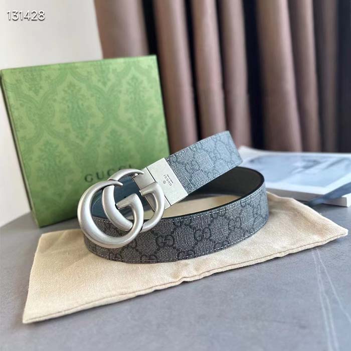 Gucci GG Unisex Marmont Reversible Belt Grey Black Supreme Canvas 3.8 CM Width