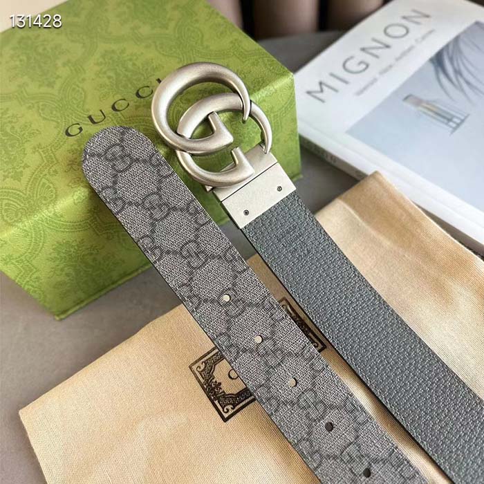 Gucci GG Unisex Marmont Reversible Belt Grey Black Supreme Canvas 3.8 CM Width