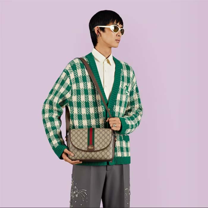 Gucci GG Unisex Ophidia Messenger Bag Beige Ebony GG Supreme Canvas Double G