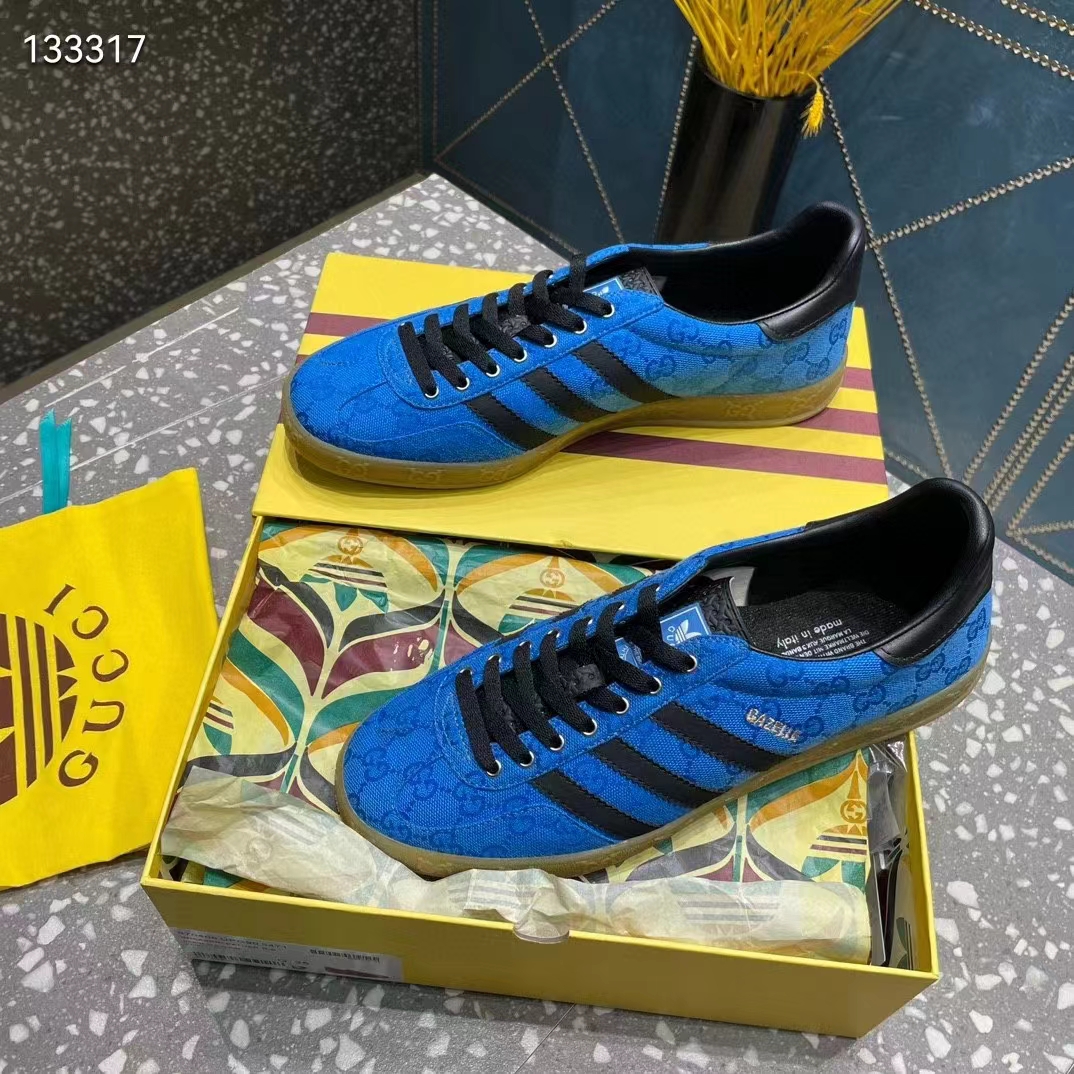 Gucci Unisex Adidas x Gucci Gazelle Sneaker Blue Original GG Canvas Rubber Low 3 CM Heel