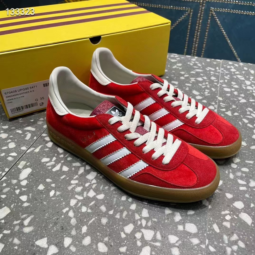 Gucci Unisex Adidas x Gucci Gazelle Sneaker Red Original GG Canvas Rubber Low 3 CM Heel