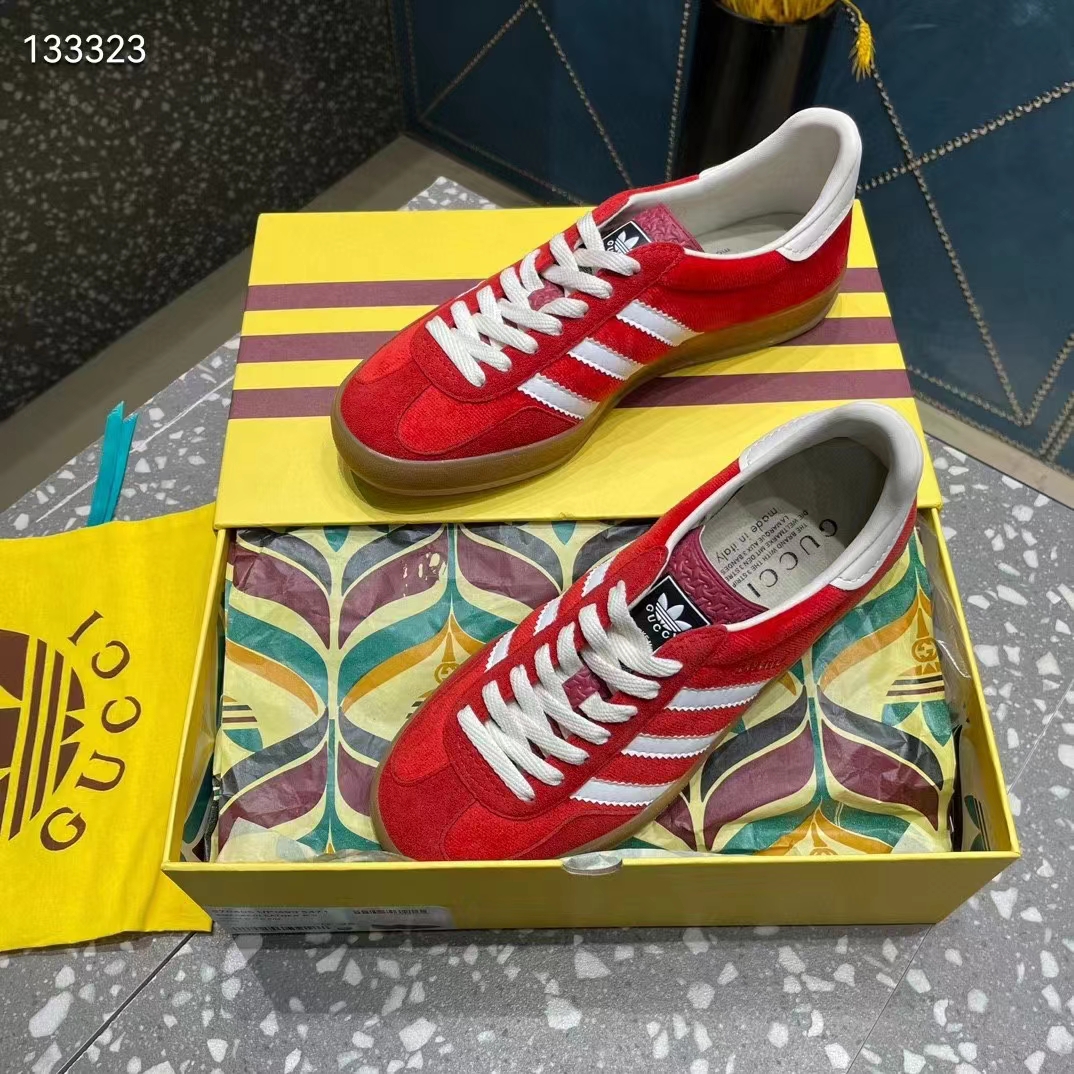 Gucci Unisex Adidas x Gucci Gazelle Sneaker Red Original GG Canvas Rubber Low 3 CM Heel