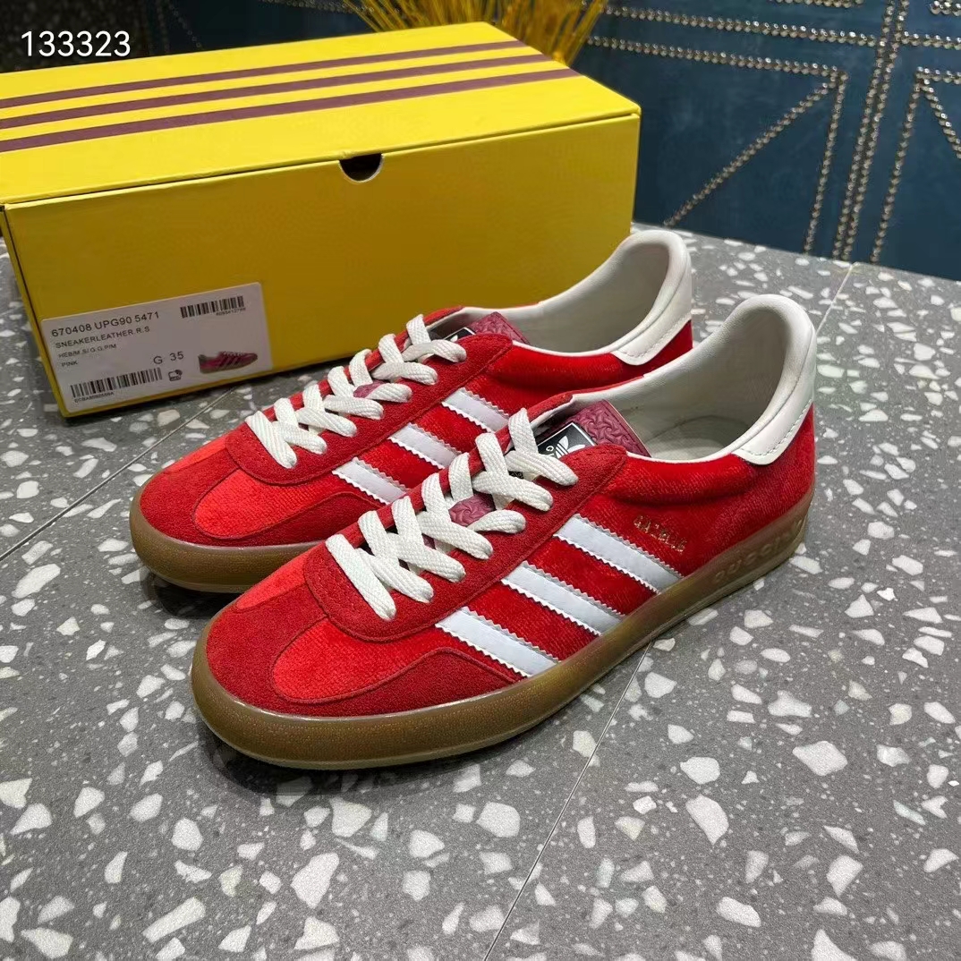 Gucci Unisex Adidas x Gucci Gazelle Sneaker Red Original GG Canvas Rubber Low 3 CM Heel