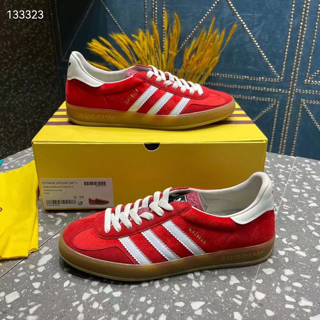 Gucci Unisex Adidas x Gucci Gazelle Sneaker Red Original GG Canvas Rubber Low 3 CM Heel