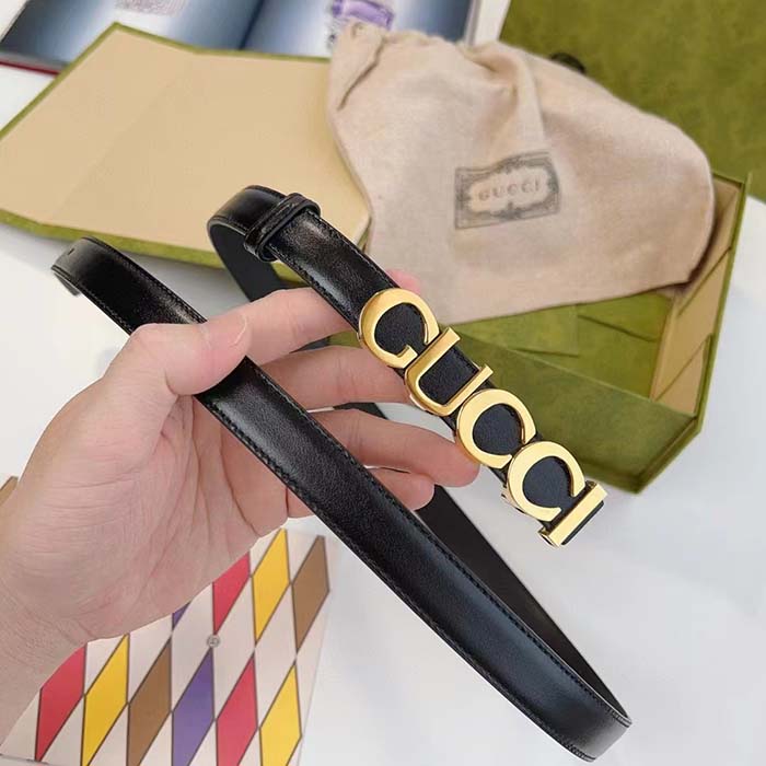 Gucci Unisex Buckle Thin Belt Black Leather Gold-Toned Hardware 1.5 CM Width