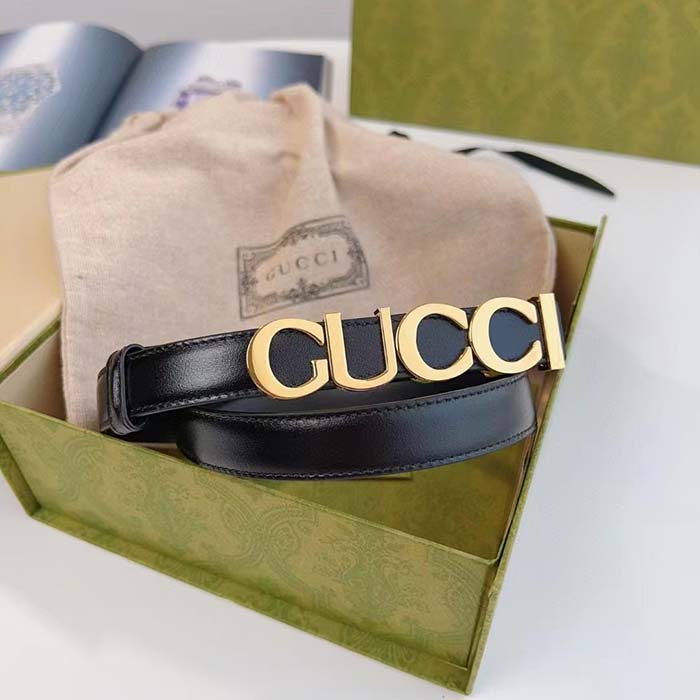 Gucci Unisex Buckle Thin Belt Black Leather Gold-Toned Hardware 2 CM Width
