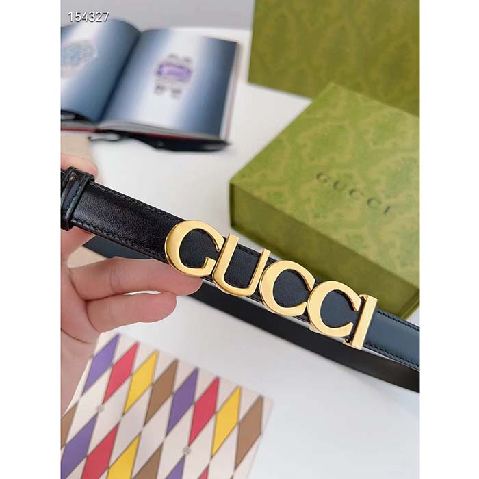 Gucci Unisex Buckle Thin Belt Black Leather Gold-Toned Hardware 2 CM Width