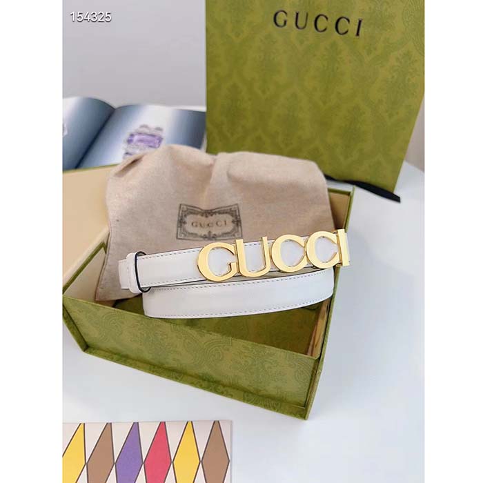 Gucci Unisex Buckle Thin Belt White Leather Gold-Toned Hardware 2 CM Width
