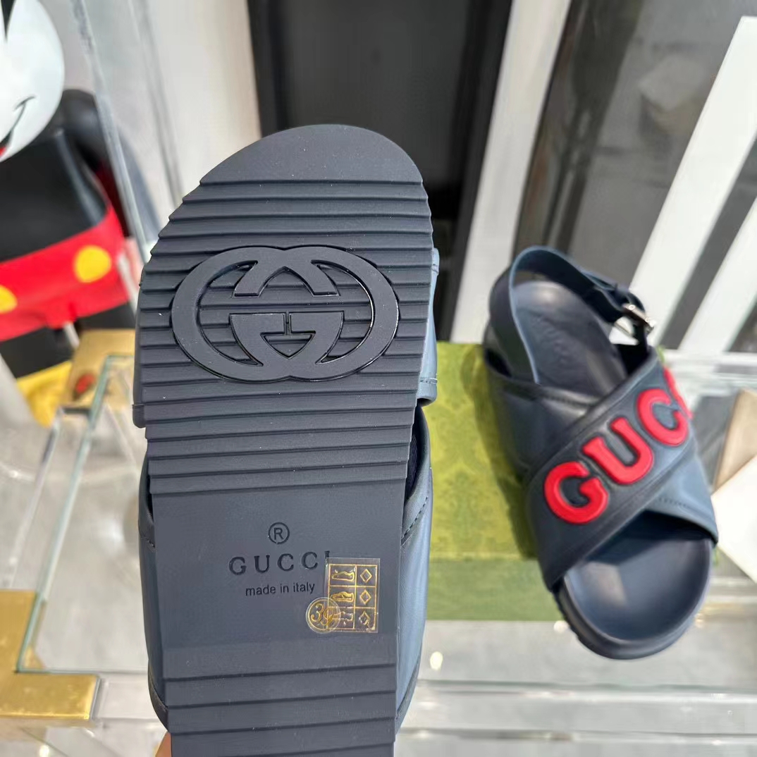 Gucci Unisex GG Gucci Sandal Smooth Blue Red Leather Script Rubber Buckle Flat